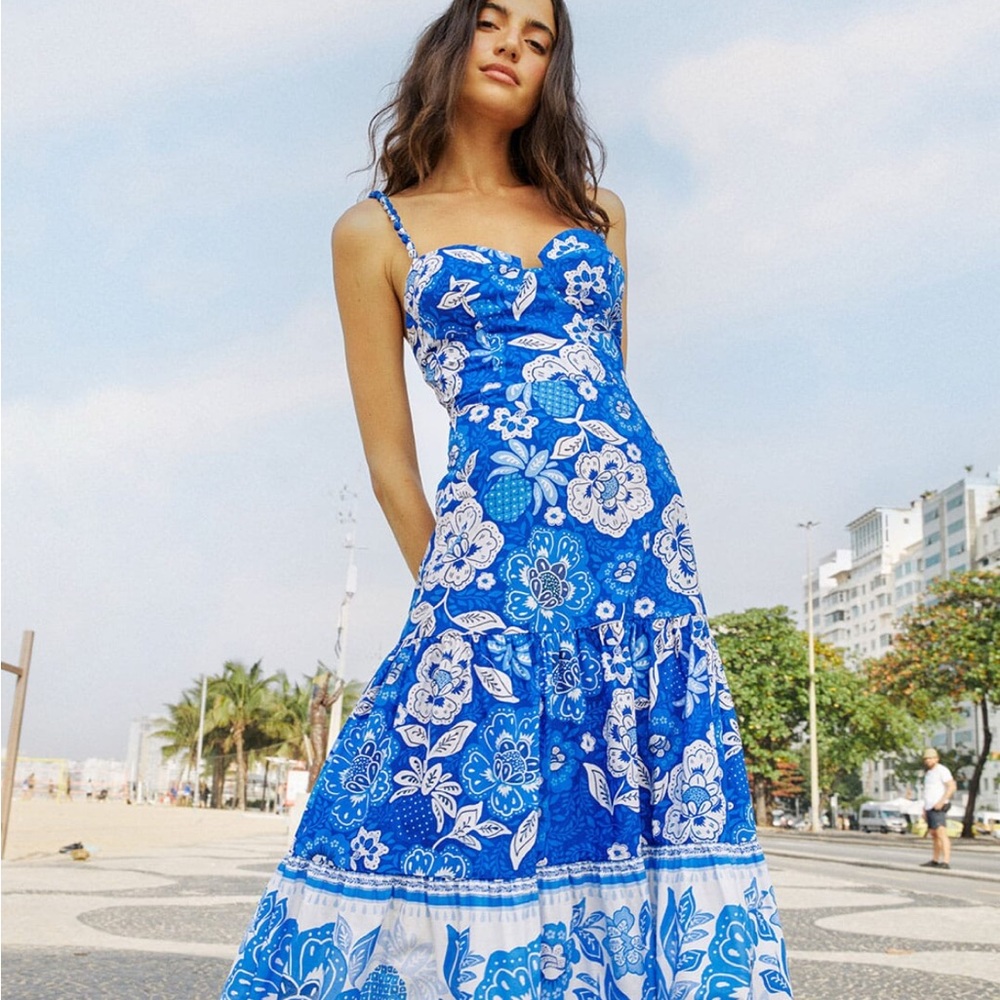 FARM Rio Blue and White Floral Maxi Dress